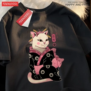 Y2k Vintage Tişört Tee Japon Harajuku Geisha kedi