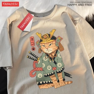 Y2k Vintage Tişört Tee Japon Harajuku hayalet kılıçlı kedi