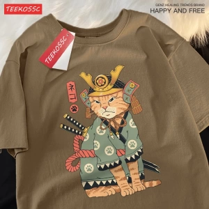 Y2k Vintage Tişört Tee Japon Harajuku hayalet kılıçlı kedi