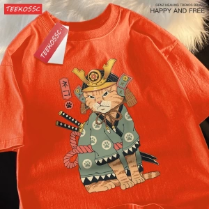 Y2k Vintage Tişört Tee Japon Harajuku hayalet kılıçlı kedi