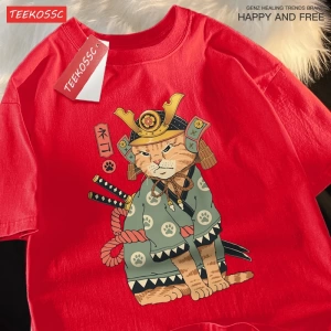 Y2k Vintage Tişört Tee Japon Harajuku hayalet kılıçlı kedi
