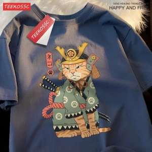 Y2k Vintage Tişört Tee Japon Harajuku hayalet kılıçlı kedi