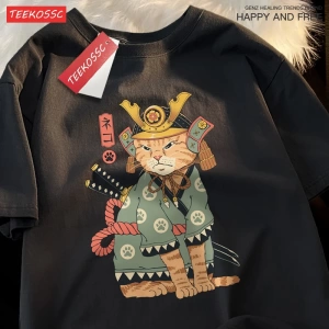 Y2k Vintage Tişört Tee Japon Harajuku hayalet kılıçlı kedi