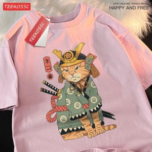 Y2k Vintage Tişört Tee Japon Harajuku hayalet kılıçlı kedi