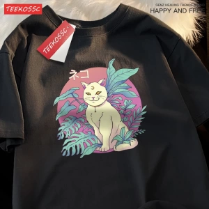 Y2k Vintage Tişört Tee Japon Harajuku hilal kedi