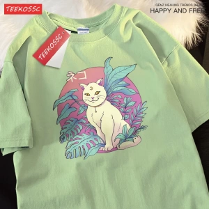 Y2k Vintage Tişört Tee Japon Harajuku hilal kedi