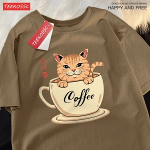 Y2k Vintage Tişört Tee Japon Harajuku kahve fincanı kedi baskı