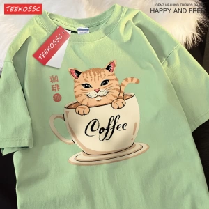 Y2k Vintage Tişört Tee Japon Harajuku kahve fincanı kedi baskı