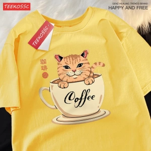 Y2k Vintage Tişört Tee Japon Harajuku kahve fincanı kedi baskı