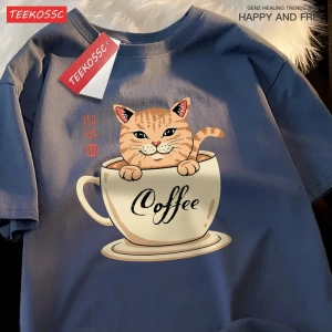 Y2k Vintage Tişört Tee Japon Harajuku kahve fincanı kedi baskı
