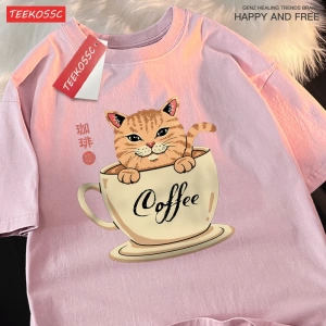 Y2k Vintage Tişört Tee Japon Harajuku kahve fincanı kedi baskı