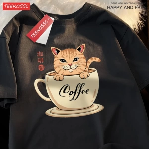 Y2k Vintage Tişört Tee Japon Harajuku kahve fincanı kedi baskı