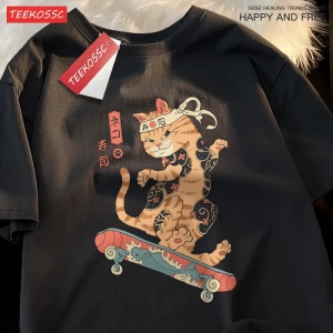 Y2k Vintage Tişört Tee Japon Harajuku kaykay suşi kedi