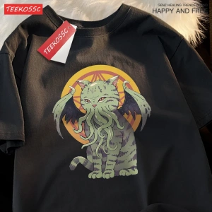 Y2k Vintage Tişört Tee Japon Harajuku lanetlenmiş kedi bask