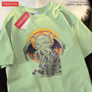 Y2k Vintage Tişört Tee Japon Harajuku lanetlenmiş kedi bask