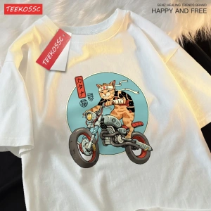 Y2k Vintage Tişört Tee Japon Harajuku motosiklet kedi