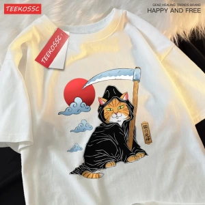Y2k Vintage Tişört Tee Japon Harajuku ölüm Scythe kedi
