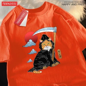 Y2k Vintage Tişört Tee Japon Harajuku ölüm Scythe kedi