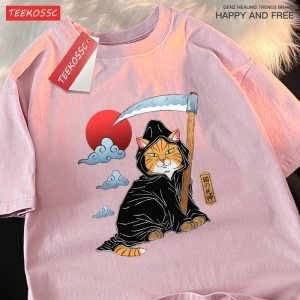 Y2k Vintage Tişört Tee Japon Harajuku ölüm Scythe kedi