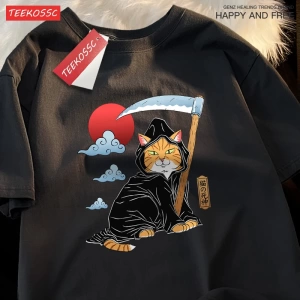 Y2k Vintage Tişört Tee Japon Harajuku ölüm Scythe kedi