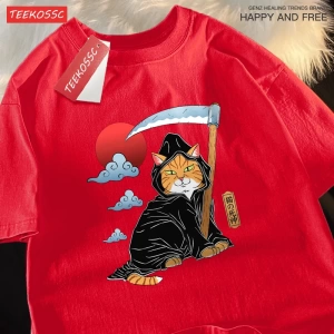 Y2k Vintage Tişört Tee Japon Harajuku ölüm Scythe kedi