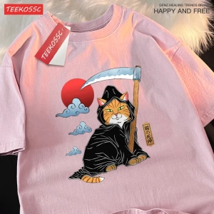 Y2k Vintage Tişört Tee Japon Harajuku ölüm Scythe kedi