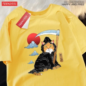 Y2k Vintage Tişört Tee Japon Harajuku ölüm Scythe kedi