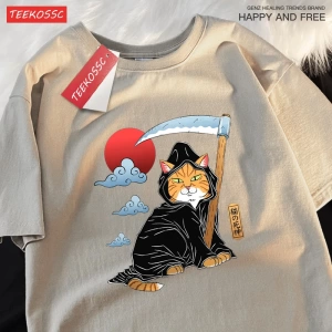 Y2k Vintage Tişört Tee Japon Harajuku ölüm Scythe kedi