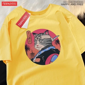 Y2k Vintage Tişört Tee Japon Harajuku samuray kılıcı kedi