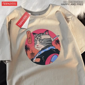 Y2k Vintage Tişört Tee Japon Harajuku samuray kılıcı kedi