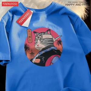 Y2k Vintage Tişört Tee Japon Harajuku samuray kılıcı kedi