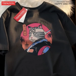 Y2k Vintage Tişört Tee Japon Harajuku samuray kılıcı kedi