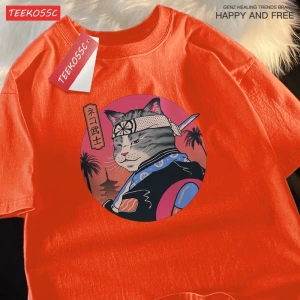 Y2k Vintage Tişört Tee Japon Harajuku samuray kılıcı kedi