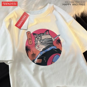 Y2k Vintage Tişört Tee Japon Harajuku samuray kılıcı kedi