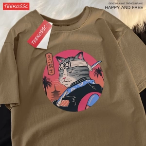 Y2k Vintage Tişört Tee Japon Harajuku samuray kılıcı kedi