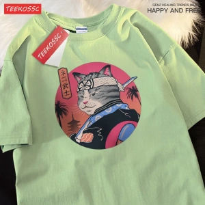 Y2k Vintage Tişört Tee Japon Harajuku samuray kılıcı kedi