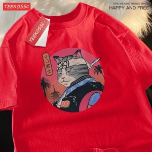 Y2k Vintage Tişört Tee Japon Harajuku samuray kılıcı kedi