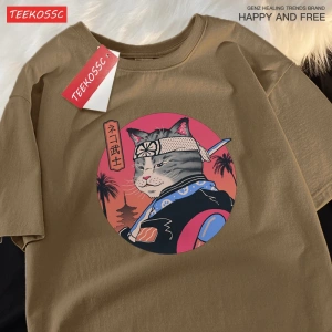 Y2k Vintage Tişört Tee Japon Harajuku samuray kılıcı kedi
