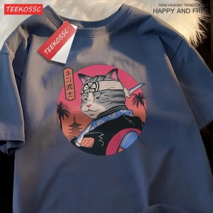 Y2k Vintage Tişört Tee Japon Harajuku samuray kılıcı kedi