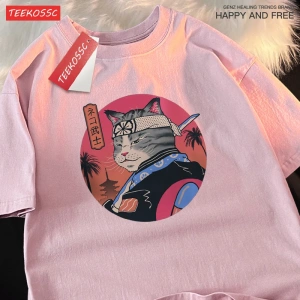 Y2k Vintage Tişört Tee Japon Harajuku samuray kılıcı kedi