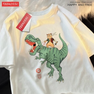 Y2k Vintage Tişört Tee Japon Harajuku sürme dinozor kedi
