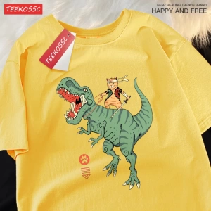 Y2k Vintage Tişört Tee Japon Harajuku sürme dinozor kedi