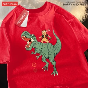 Y2k Vintage Tişört Tee Japon Harajuku sürme dinozor kedi
