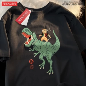 Y2k Vintage Tişört Tee Japon Harajuku sürme dinozor kedi