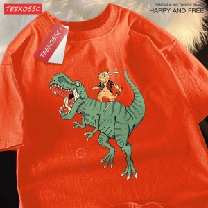 Y2k Vintage Tişört Tee Japon Harajuku sürme dinozor kedi