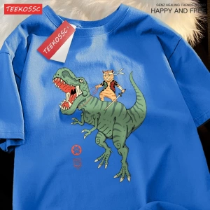 Y2k Vintage Tişört Tee Japon Harajuku sürme dinozor kedi