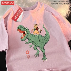 Y2k Vintage Tişört Tee Japon Harajuku sürme dinozor kedi