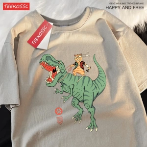 Y2k Vintage Tişört Tee Japon Harajuku sürme dinozor kedi