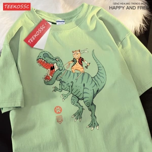 Y2k Vintage Tişört Tee Japon Harajuku sürme dinozor kedi