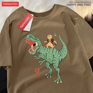 Y2k Vintage Tişört Tee Japon Harajuku sürme dinozor kedi